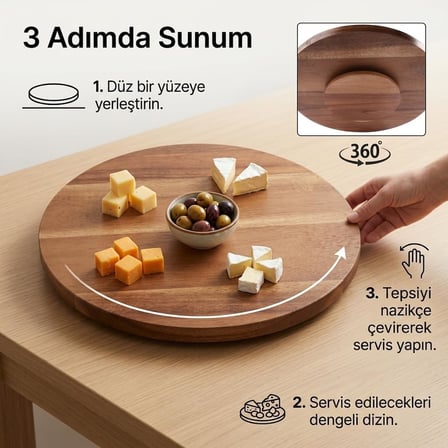 360° Dönerli Akasya Ahşap Sunum Tablası, 30 cm Çap, 2 cm Kalınlık, Yuvarlak Servis Tepsisi, Doğal Kahverengi, Kahvaltı, Peynir ve Atıştırmalık Sunumu İçin, 1 Adet