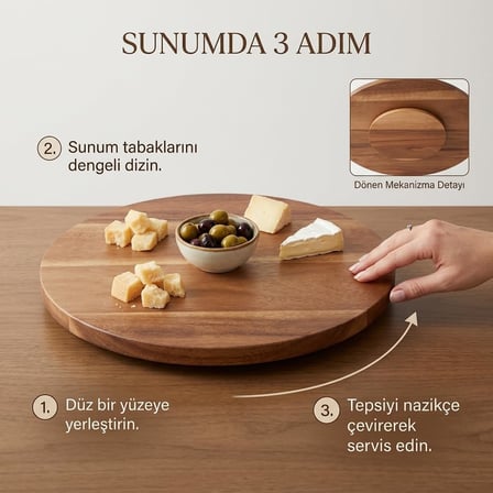 360° Dönerli Akasya Ahşap Sunum Tablası, 30 cm Çap, 2 cm Kalınlık, Yuvarlak Servis Tepsisi, Doğal Kahverengi, Kahvaltı, Peynir ve Atıştırmalık Sunumu İçin, 1 Adet