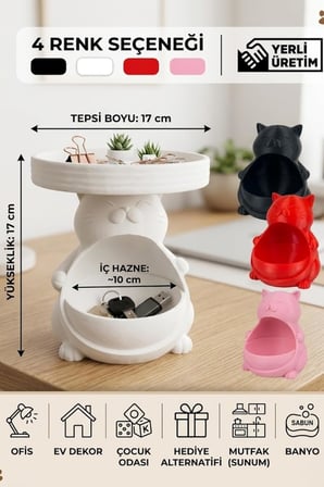 Figürlü Sunumluk Organizer Plastik Çok Amaçlı Kedi Biblo Beyaz 15 x 17