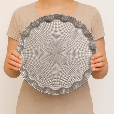Osmanlı Motifli Yuvarlak Metal Servis Tepsisi – 6 Kişilik Sunum Tepsisi, 35 cm, 495 g, Gold ve Gümüş Renk Seçeneği (Gümüş Grisi)