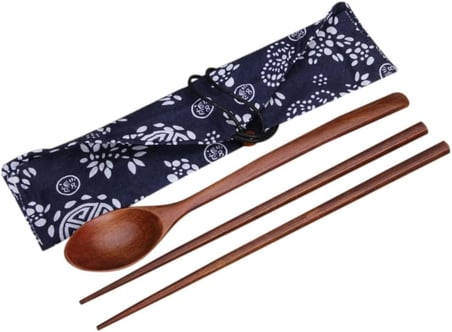 Ahşap Sofra Takımı, Yeniden Kullanılabilir Bambu Japon Tarzı Sofra Seyahat Gereçleri Ev, Kaşık Çubukları Sofra Takımı, Seyahat, Kamp, Ofis için Kılıflı Taşınabilir Gereçler Çatal Bıçak Seti