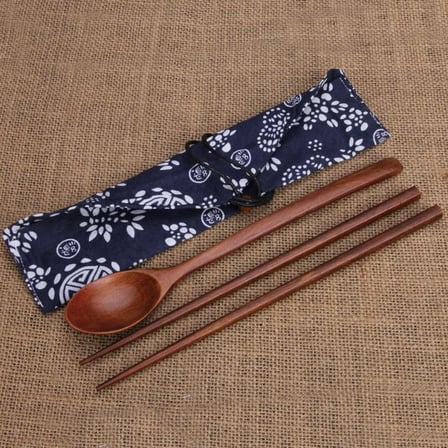 Ahşap Sofra Takımı, Yeniden Kullanılabilir Bambu Japon Tarzı Sofra Seyahat Gereçleri Ev, Kaşık Çubukları Sofra Takımı, Seyahat, Kamp, Ofis için Kılıflı Taşınabilir Gereçler Çatal Bıçak Seti