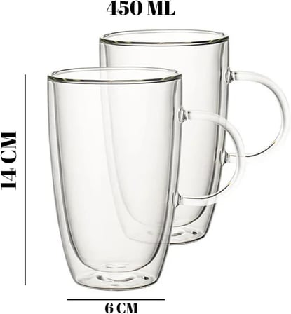 450 ml Çift Cidarlı Şeffaf Cam Kupa – Isıya Dayanıklı, Sıcak ve Soğuk İçeceklere Uygun, Şık ve Dayanıklı Borosilikat Cam Bardak