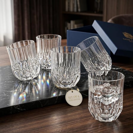 6'lı Kesme Kristal Desenli Cam Bardak Seti - Klasik Tasarım Su, Meşrubat ve Viski Bardağı Takımı (315 ml)