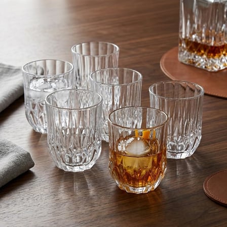6'lı Kesme Kristal Desenli Cam Bardak Seti - Klasik Tasarım Su, Meşrubat ve Viski Bardağı Takımı (315 ml)