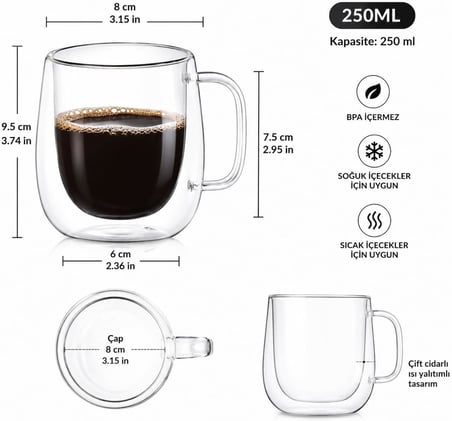Çift Cidarlı Cam Kupa Bardak 250 ML – Isı Yalıtımlı Latte, Kahve ve Çay Bardağı – 2’li Set