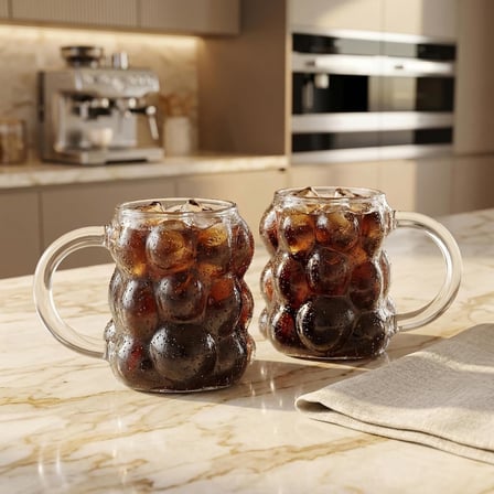 Boncuk Desenli Borosilikat Cam Bardak, 350 Ml Geniş Kapasite, Isıya Dayanıklı Yapı, Bulaşık Makinesinde Yıkanabilir, Ev Ofis Restoran İçin Uygun Kulplu Kahve Espresso Sunum Bardağı