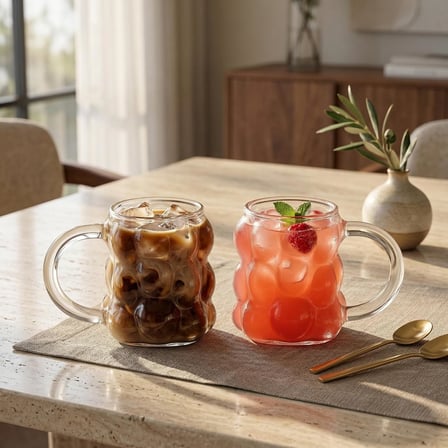 Boncuk Desenli Borosilikat Cam Bardak, 350 Ml Geniş Kapasite, Isıya Dayanıklı Yapı, Bulaşık Makinesinde Yıkanabilir, Ev Ofis Restoran İçin Uygun Kulplu Kahve Espresso Sunum Bardağı