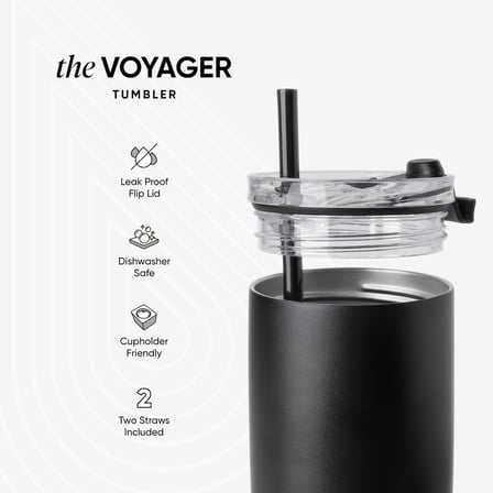12 oz Voyager Seyahat Kupası Bardak, Şeffaf Kapaklı ve Pipetli - Kahve Fincanı Çocuk Vakum Yalıtımlı Şişe 18/8 Paslanmaz Çelik Hidro - Gece Siyahı