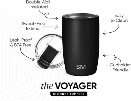 12 oz Voyager Seyahat Kupası Bardak, Şeffaf Kapaklı ve Pipetli - Kahve Fincanı Çocuk Vakum Yalıtımlı Şişe 18/8 Paslanmaz Çelik Hidro - Gece Siyahı