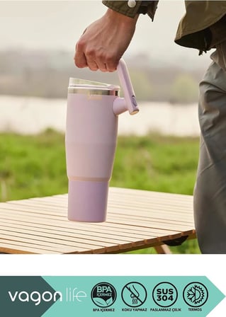 Vagonlife Tumbler 950ml Pipetli/Pipetsiz Kullanım Fonksiyonel Kulplu Paslanmaz Çelik Termos (Açık Mavi)