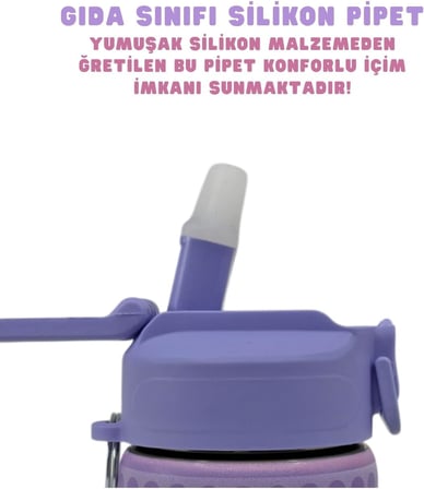 600ml Kuromi Temalı Lisanslı Pipetli Kilitlenebilir Kapak Paslanmaz Çelik Termos Matara (Mor)