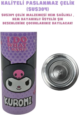 600ml Kuromi Temalı Lisanslı Pipetli Kilitlenebilir Kapak Paslanmaz Çelik Termos Matara (Mor)