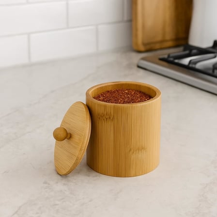 Doğal Bambu Ahşap Baharatlık – Kapaklı Silindir Saklama Kabı | 9x10 cm El Yapımı Mutfak Düzeni