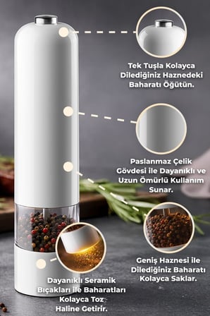 Paslanmaz Çelik Tuz & Karabiber Öğütücü Pilli - Beyaz