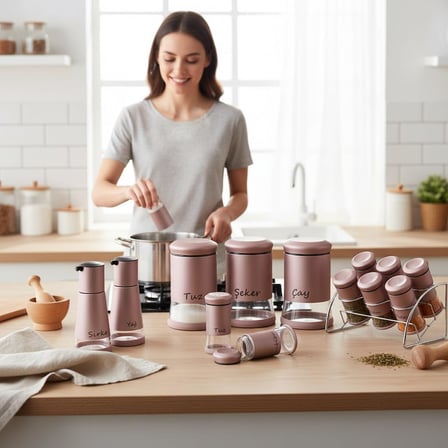 13 Parca Rose Gold Celik Kapakli Cam Baharatlik Seti Stantli Ceyizlik Baharat Takimi Yaglik Sirkelik Tuzluk Ve Dev Erzak Kavanozu Mutfak Duzenleyici Organizer