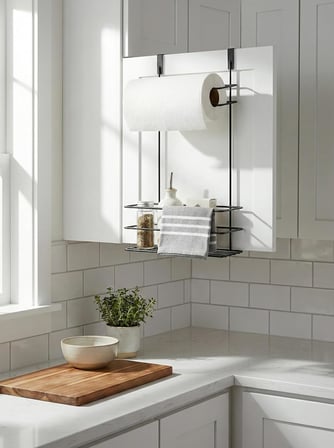 Dolap İçi Asılabilir Metal Kağıt Havluluk ve Deterjan Sepeti Organizer – Dolap Kapağına Asılabilir Kağıt Havlu Askılığı, Deterjan Düzenleyici Raf, Mutfak ve Banyo Kapak İçi Metal Organizer