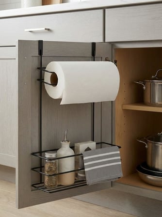 Dolap İçi Asılabilir Metal Kağıt Havluluk ve Deterjan Sepeti Organizer – Dolap Kapağına Asılabilir Kağıt Havlu Askılığı, Deterjan Düzenleyici Raf, Mutfak ve Banyo Kapak İçi Metal Organizer
