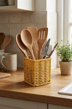 Kare Hasır Dokulu Plastik Rattan Kaşıklık ve Çatallık, Askılı Kendiliğinden Tutmalı Çok Amaçlı Mutfak Organizeri, 10x10x14 cm