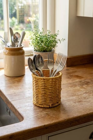 Yuvarlak Hasır Dokulu Plastik Rattan Kaşıklık ve Çatallık, Askılı Çok Amaçlı Mutfak Organizeri, 10x14 cm
