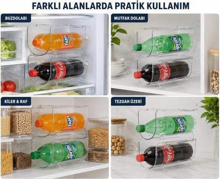 Buzdolabı Şişe Rafı Düzenleyici Şeffaf 2'li Set, 11x20x10 cm