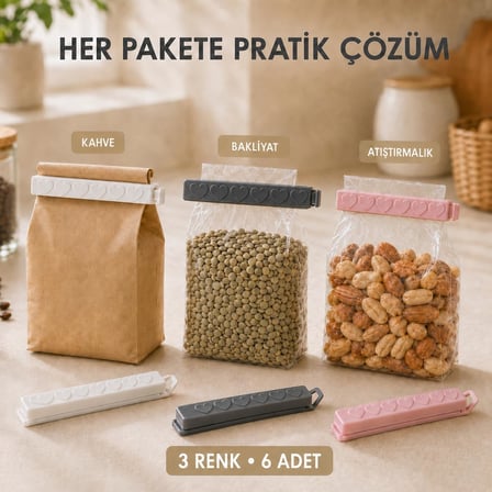 6’lı Poşet Kapatıcı Klips Seti, Torba ve Ambalaj Kapatma Aparatı, Gıda Saklama Paket Mandalı