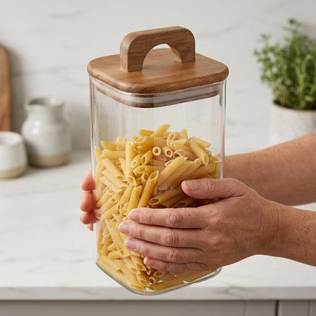 Akasya Kapaklı Kare Cam Kavanoz 1500 ml, 10 × 20 cm, Contalı Tutma Kulplu Şeffaf Erzak Kabı, Makarna Pirinç Bakliyat Yulaf Kuruyemiş ve Kuru Gıda Saklama Kavanozu