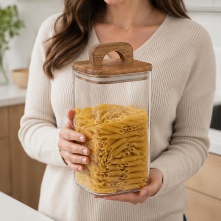 Akasya Kapaklı Kare Cam Kavanoz 1500 ml, 10 × 20 cm, Contalı Tutma Kulplu Şeffaf Erzak Kabı, Makarna Pirinç Bakliyat Yulaf Kuruyemiş ve Kuru Gıda Saklama Kavanozu