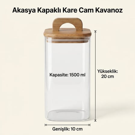 Akasya Kapaklı Kare Cam Kavanoz 1500 ml, 10 × 20 cm, Contalı Tutma Kulplu Şeffaf Erzak Kabı, Makarna Pirinç Bakliyat Yulaf Kuruyemiş ve Kuru Gıda Saklama Kavanozu
