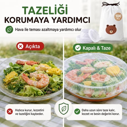 Lastikli Gıda Bonesi 100 Adet - Tek Kullanımlık Şeffaf Streç Bone - Tabak Tencere Kase Meyve Sebze Kapatma Örtüsü - Pratik Mutfak Saklama Koruyucu - Buzdolabı İçin Hijyenik - 20 x 20 cm