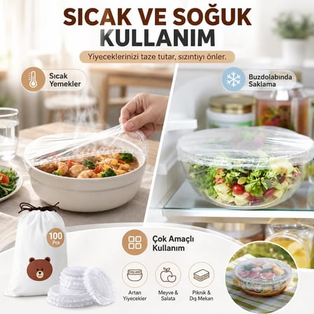 Lastikli Gıda Bonesi 100 Adet - Tek Kullanımlık Şeffaf Streç Bone - Tabak Tencere Kase Meyve Sebze Kapatma Örtüsü - Pratik Mutfak Saklama Koruyucu - Buzdolabı İçin Hijyenik - 20 x 20 cm