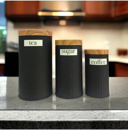 UCR HOME 3'Lü Set Metal Çay Kahve Şeker Saklama Kavanozu - Siyah