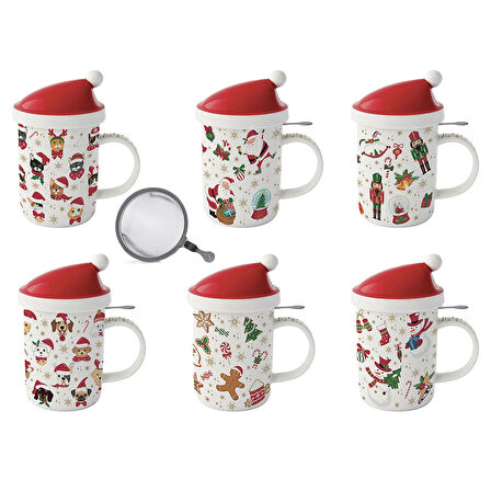 Christmas Friends Porselen kupa kapaklı ve metal demlikli 370 ml 6'lı set tasarımları