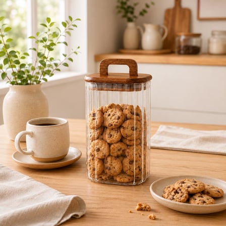 1100 ML Kare Line Cam Kavanoz Ahşap Kapaklı Kulplu Saklama Kabı