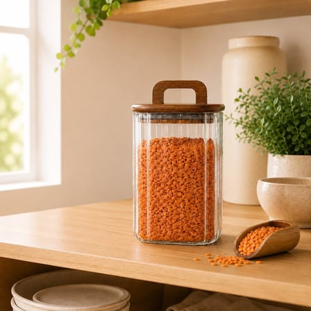 1100 ML Kare Line Cam Kavanoz Ahşap Kapaklı Kulplu Saklama Kabı
