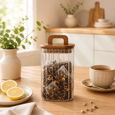 1100 ML Kare Line Cam Kavanoz Ahşap Kapaklı Kulplu Saklama Kabı