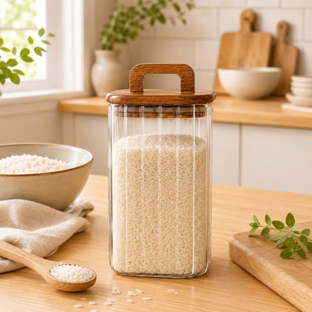 1100 ML Kare Line Cam Kavanoz Ahşap Kapaklı Kulplu Saklama Kabı
