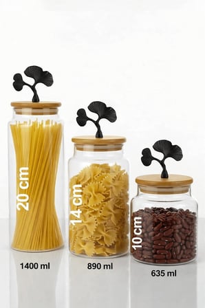 3'Lü Bambu Kapaklı Mat Siyah Ginkgo Figürlü Şeffaf Cam Kavanoz Cam Saklama Kabı 635/890/1400Ml