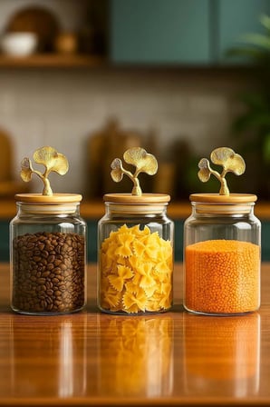 3’Lü Bambu Kapaklı Ginkgo Figürlü Kavanoz Seti - Orta Boy Saklama Kabı 890Ml