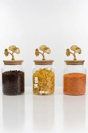 3’Lü Bambu Kapaklı Ginkgo Figürlü Kavanoz Seti - Orta Boy Saklama Kabı 890Ml