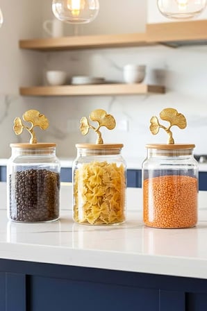 3’Lü Bambu Kapaklı Ginkgo Figürlü Kavanoz Seti - Orta Boy Saklama Kabı 890Ml