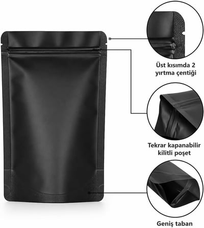 Alüminyum Doypack Yeniden Kullanılabilir Folyo Poşetler, Fermuarlı, Koku Geçirmez, Ayakta Durabilen, Gıda Saklama, 50'li Paket (Siyah, 13 x 22 cm)