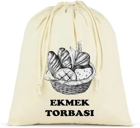 Ekmek Torbası, Pamuk Bez Torba, 40x40 cm, Baskılı Ekmek Desenli, Krem Rengi