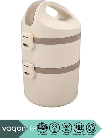Vagonlife Bento 1800ml Lunchbox 2 Katlı 4-6 Saat Sıcak/Soğuk Termos Özellikli Çelik Sefer Tası Yemek Kutusu (Bej)
