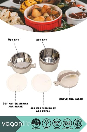 Vagonlife Bento 1800ml Lunchbox 2 Katlı 4-6 Saat Sıcak/Soğuk Termos Özellikli Çelik Sefer Tası Yemek Kutusu (Bej)