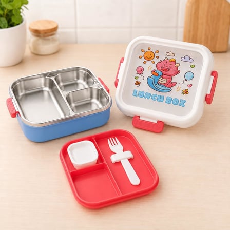 3 Bölmeli Paslanmaz Çelik Çocuk Beslenme Kabı, Kilitli Lunch Box,Kırmızı