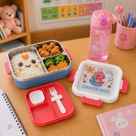 3 Bölmeli Paslanmaz Çelik Çocuk Beslenme Kabı, Kilitli Lunch Box,Kırmızı