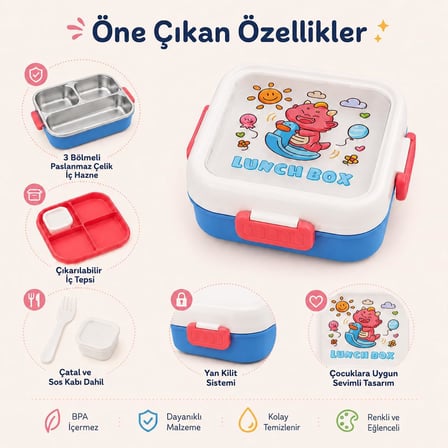 3 Bölmeli Paslanmaz Çelik Çocuk Beslenme Kabı, Kilitli Lunch Box,Kırmızı