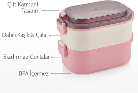 2 Katlı Taşınabilir Yemek Kabı, Lunch Box, Diyet Beslenme Kutusu, Çatal Kaşık Dahil, 11.5 x 21 x 11.5 cm (Pembe-Krem)