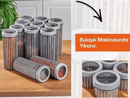 3'lü Çevir Aç Kapak Kavanoz Plastik Saklama Kabı Seti, Büyük, Orta, Küçük, 3 Boy (BEJ)